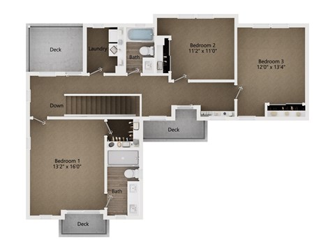 A floor plan of a house with three bedrooms and a deck.